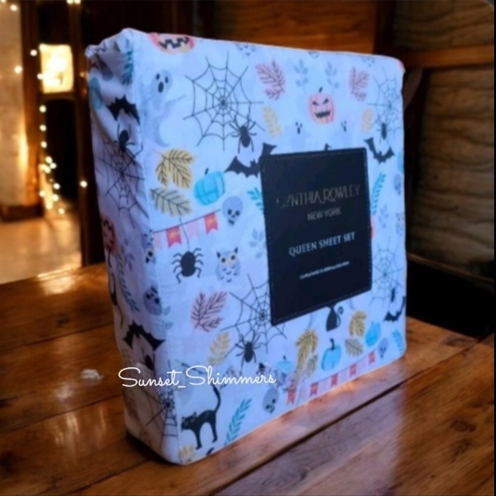 4pc CYNTHIA ROWLEY Pastel Halloween QUEEN Sheet Set Pumpkin Owl Cat Skull New